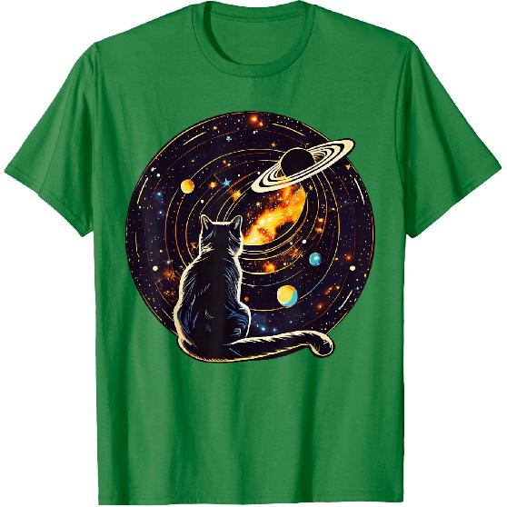 Cat Dad, Lover T-Shirt: Cat Staring at Planet Saturn