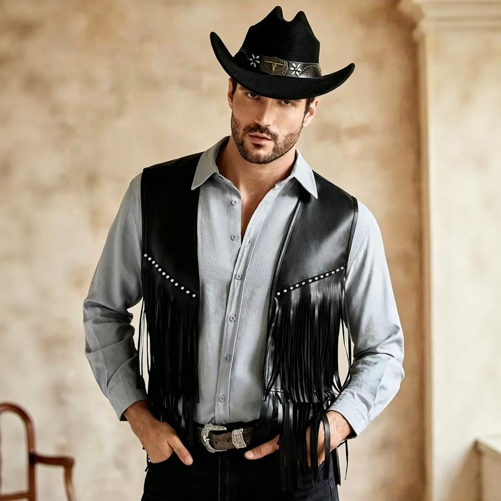 European and American men's western denim style PU leather fringed vest retro slim jacket men's clothing
