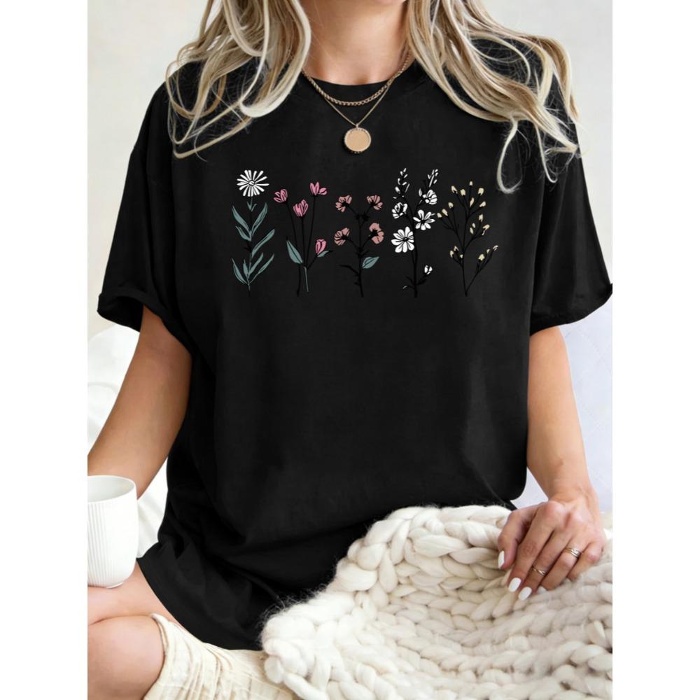 T-shirt z nadrukiem pięknych kwiatów, damski, bawełniany, luźny, letnia odzież, wygodny, Y2K, streetwear