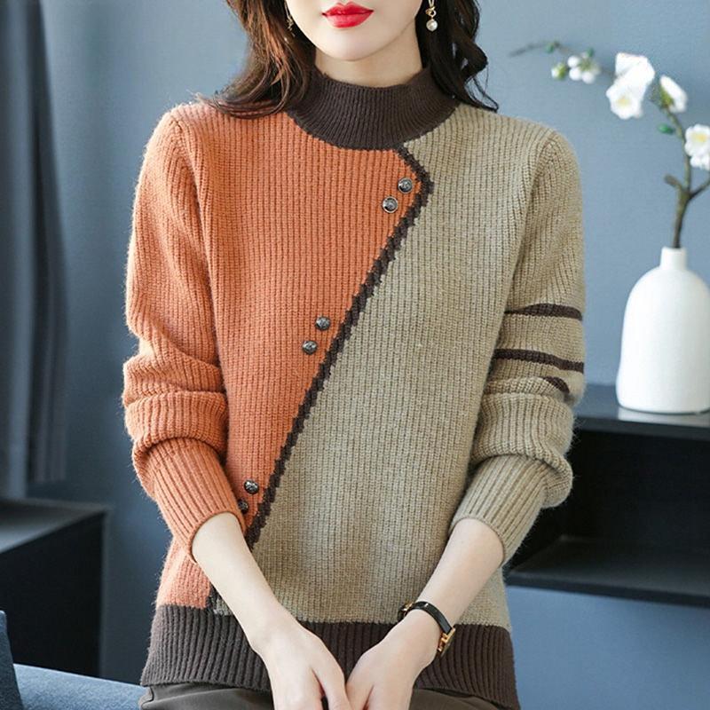 Dámský svetr Poloviční vyšší pletený svetr Dámské Podzim Zima Nové Dlouhý rukáv Běžné Volné Pletené Topy Elegantní Svetry Dámské Svetry