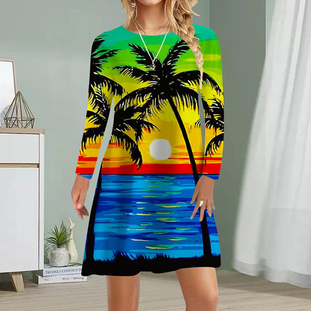 Women Casual Dress Autumn Coconut Tree Print Dresses For Women O-neck Short Sleeve Dress Plus Size