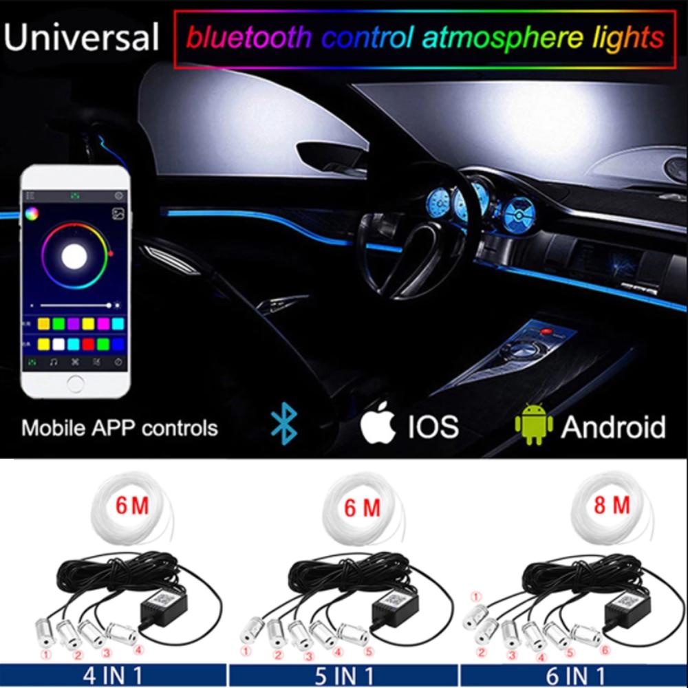 LED Car Interior Ambient Strip Lights RGB Fiber Optic Atmosphere Neon Lighting Kit With APP Remote Control Auto Decorative Lamps