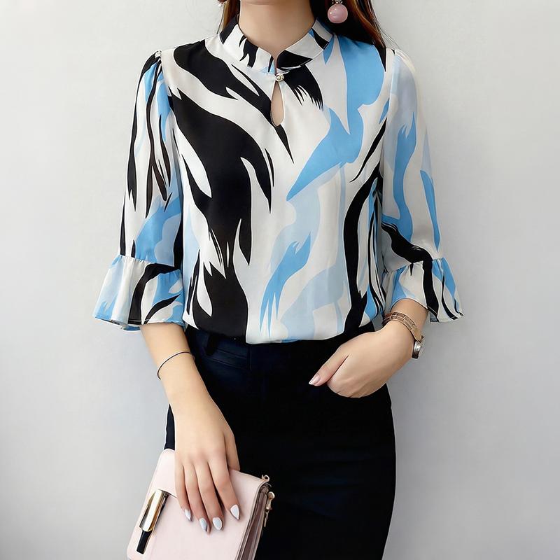 ZANZEA Women Casual Stand Collar Loose 3/4 Sleeve Print Blouse