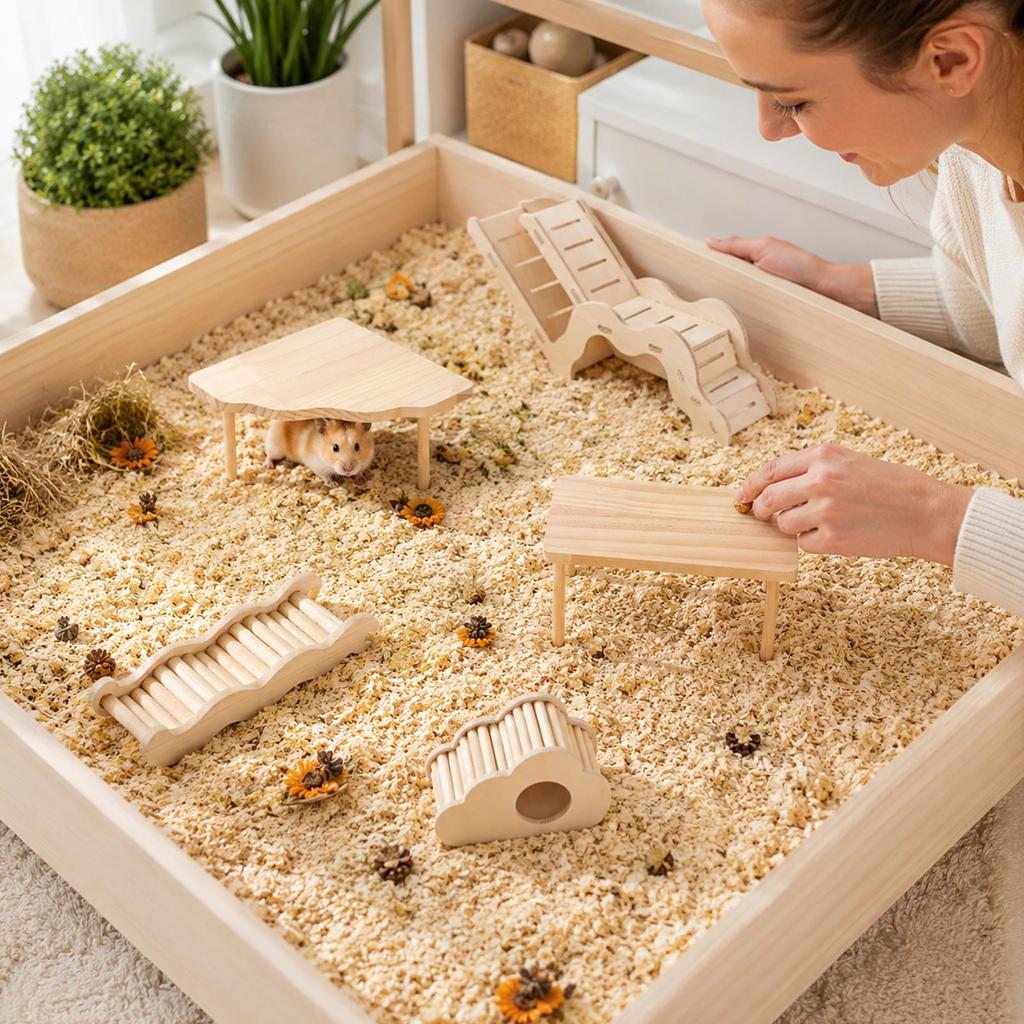 Holz-Kleintier-Spielset Dreiecksplattform Rampe Leiter Versteckhaus Set für Hamster Rennmäuse Mäuse Kleintiere