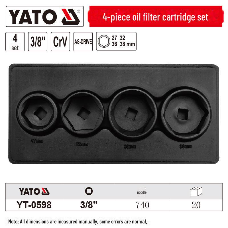 

Набор из 4 штук рукавов для масляного фильтра YATO с ключом 27mm, 32mm, 36mm, 38mm YT-0598
