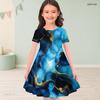 Girls Round Neck Short Sleeve Black Blue Floral Tree Printed A Line Flared Dress