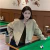 Women's Gray Woolen Retro Baseball Jacket - Casual Spring/Autumn Outerwear