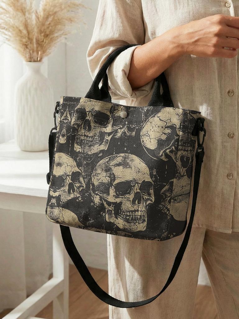 Vintage Used Totasche mit Totenkopf-Print Abnehmbarer Riemen Crossbody Handtasche Für Damen Tägliches Einkaufen