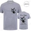 Everything Is Fine Black Cat Print Women Men T-Shirt, Soft Breathable Round Neck Short Sleeve Tee, Unisex Fun Quirky Style Tops