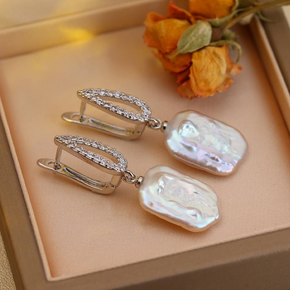 SENIKO Natural Freshwater Big Baroque Pearl Earrings Fashion Cubic Zirconia Pearl Drop Earrings For Women Party Jewelry