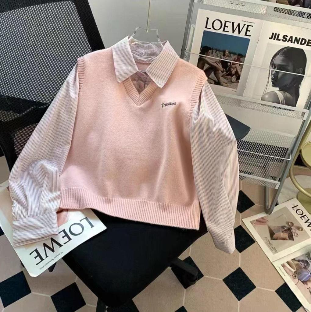 Women's Korean Style Gray Sweater Vest with Striped Faux Two-Piece Shirt