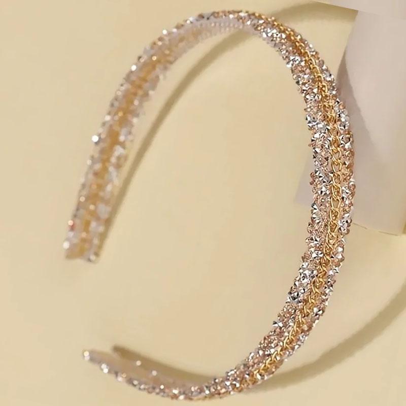 Dual Element Sparkling Diamond Gold Chain Light Luxury Headband Gradient Shiny Texture For Women's Daily Party Look Elegant