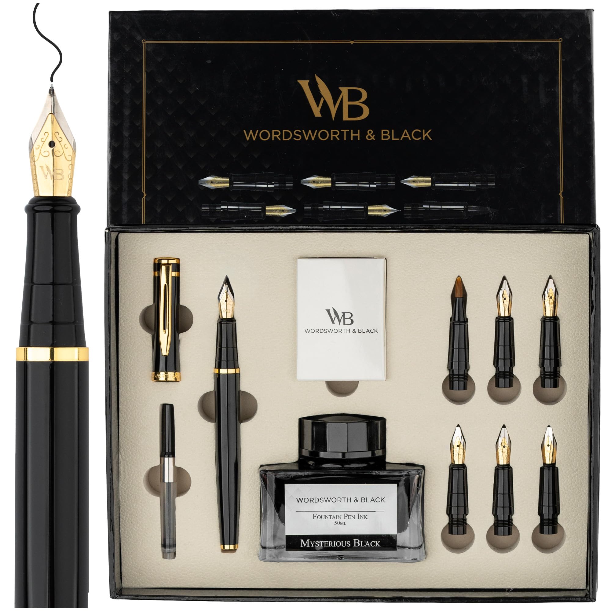 

Calligraphy Pen Gift Set with Ink 6 Ink Ink Refill and 6 Replacement Premium Smooth Writing Black Calligraphy Pen Set Bottle, Cartridges, Converter,