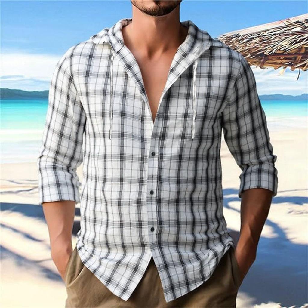 Men's Plaid Hooded Long Sleeve Shirt Autumn Thin Cardigan Sunscreen Shirt