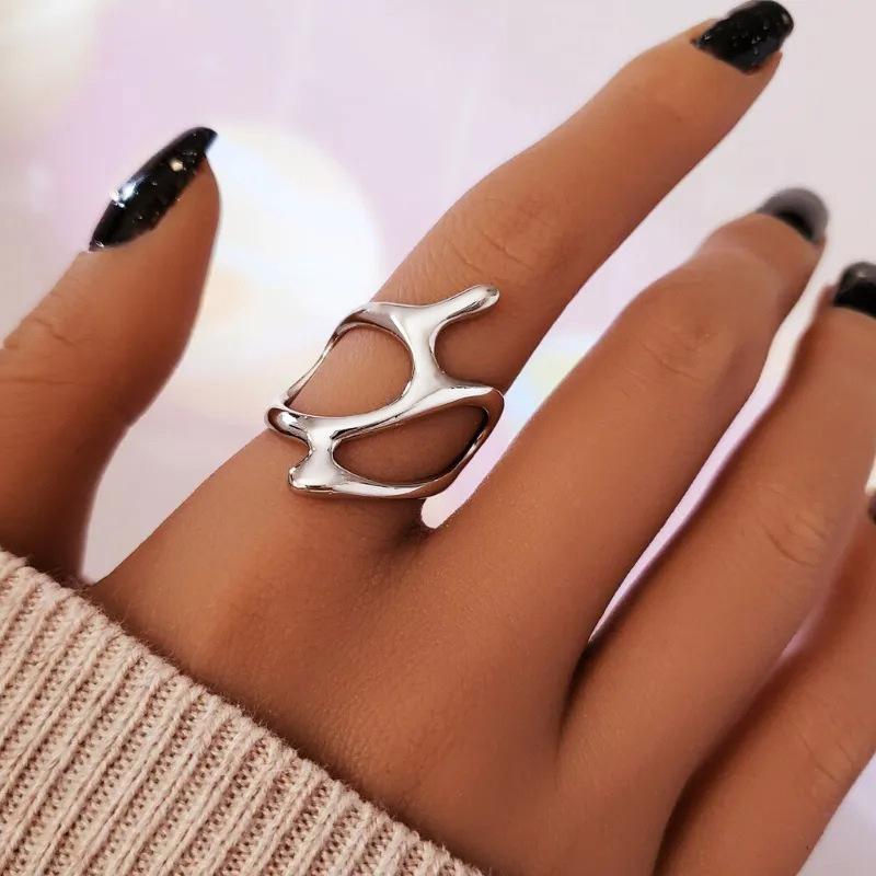 European And American Personality Irregular Geometric Hollow Out Ring Metal Texture Opening Adjustable Ring Women's Ring
