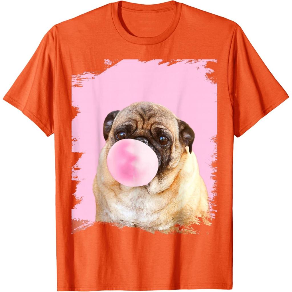 Pug Dog Chewing Pink Gum Graphic Tee Funny Animal Print Casual Crewneck Tshirt For Men