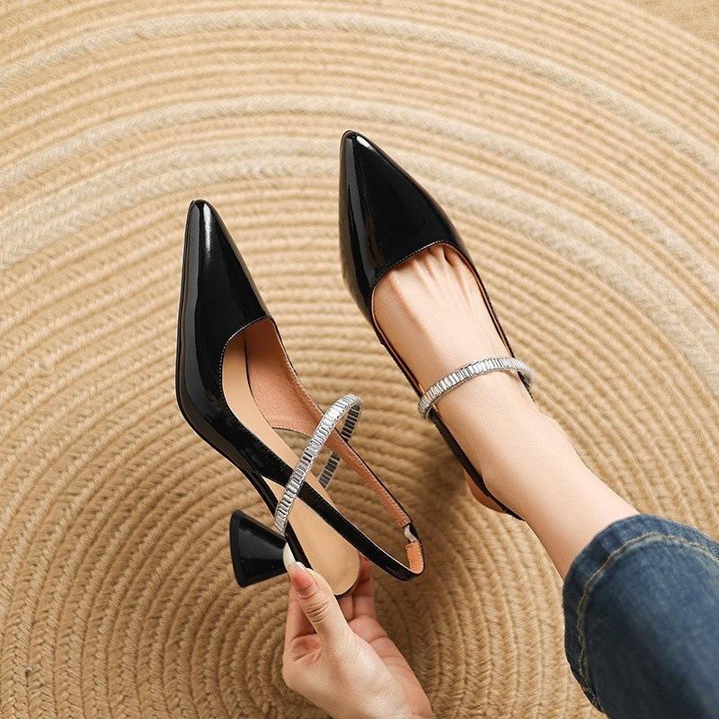 Elegant Pointed Toe Ankle Strap Women's Sandals High Heels PU Leather Black Silver Shoes for Women Tacones De Mujer
