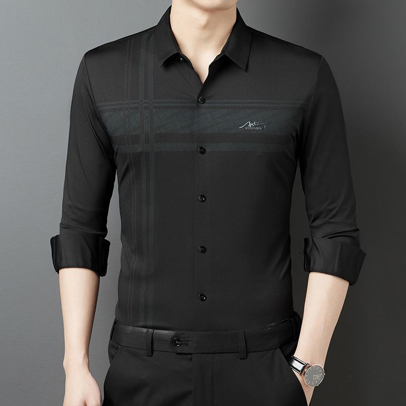 Spring New Seamless Men's Shirt Middle-aged Solid Color Elastic Long-sleeved Inch Shirt Fashionable Trend Shirt