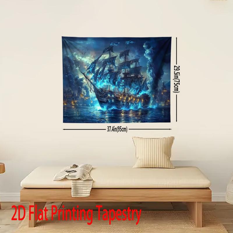 Tapisserie Navire Pirate Impression Numérique 2D Polyester Accrochage Mural Décoration Salon Chambre Bureau Studio avec Crochets