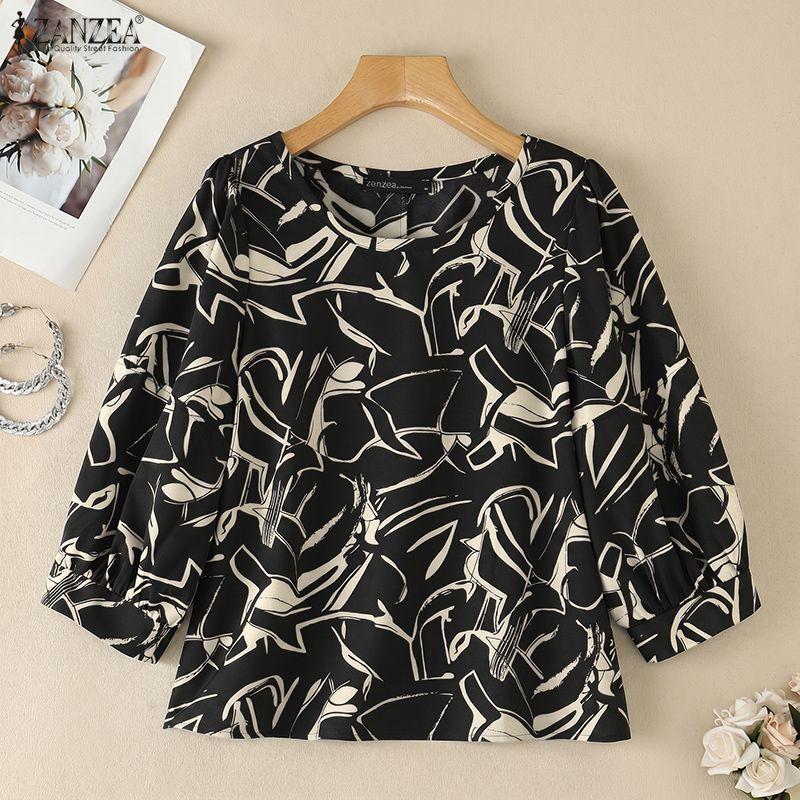 ZANZEA Women Casual Round Neck Loose 3/4 Sleeve Print Blouse