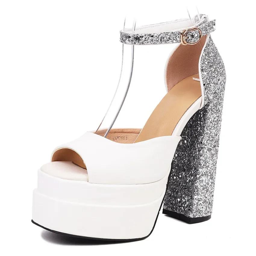 

Elegant Wedding Party Club Women Platform Sandals High Thick Heels Pink Rosy Bling Microfiber Patchwork Summer Ankle Strap Shoes 34 белый