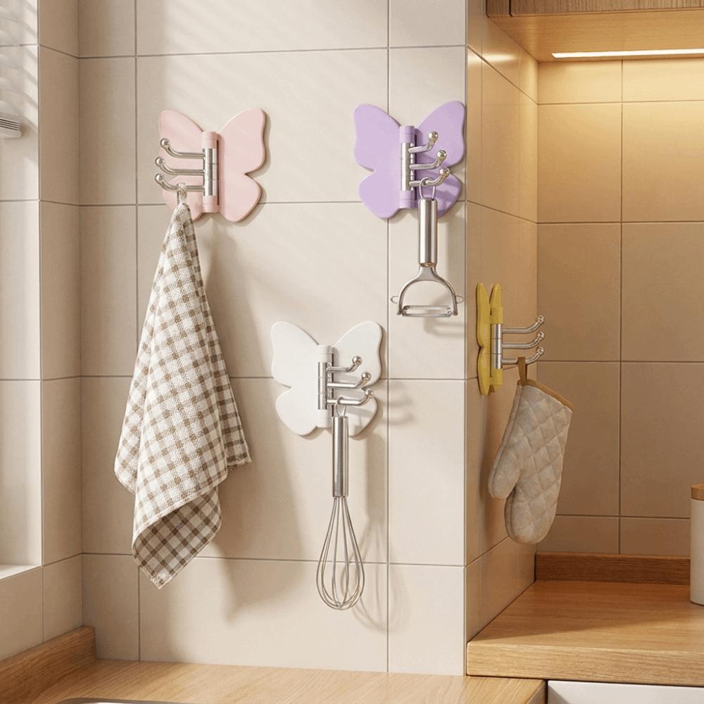4PCS Plastic Rotating Butterfly Wall Hooks Wall Mounted Butterfly Storage Hanger Kitchen