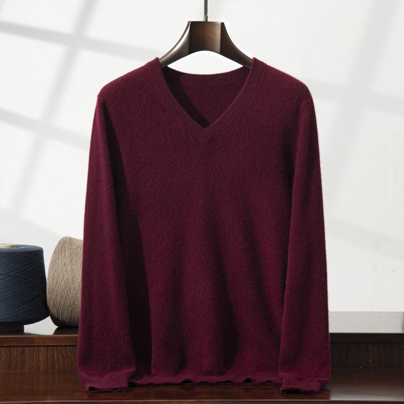 New V-neck cashmere sweater men's middle-aged and young solid color sweater loose knitting