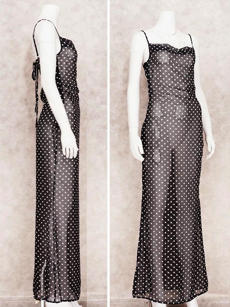 EDOLYNSA 2024 Black Fashion Polka Dots Sexy See Through Spaghetti Strap Beach Maxi Dress Women Summer Party Slip Dresses Swimsuit Cover Up