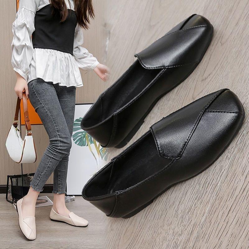 Damskor med fyrkantig tå, enfärgade, för damer, mjukt läder, mjuk sula, låg klack, halkfria, bekväma skor