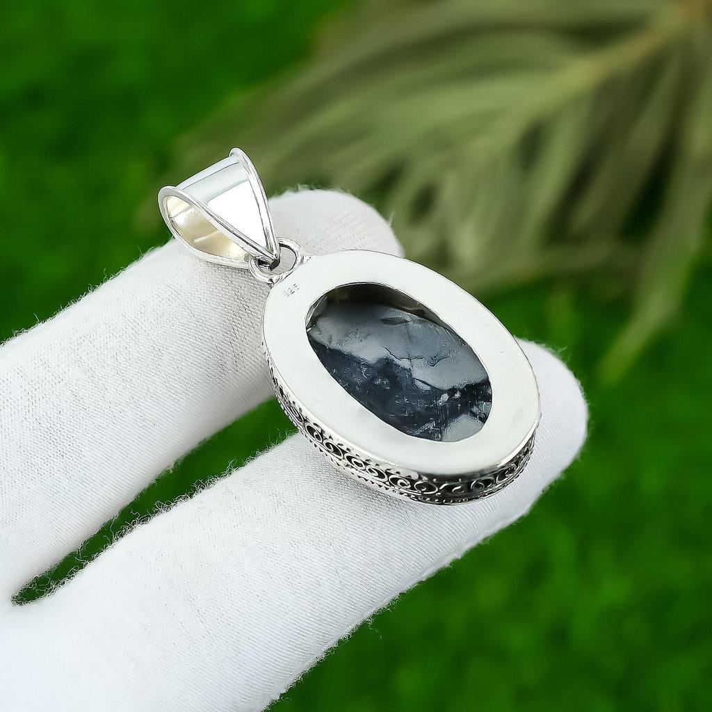 Sterling Silver Picasso Jasper Stone Bezel Vintage Anniversary Pendant Jewelry