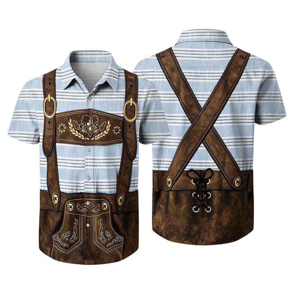 Men's Short Sleeve Button Up Shirt Oktoberfest Style Beer Festival Print Casual Loose Fit Party Shirt with Vintage Inspired Design