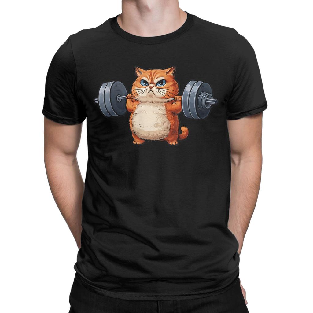 Cat Weightlifting T Shirts Men Cotton Awesome TShirt Crewneck Tees Short Sleeve Clothes Original