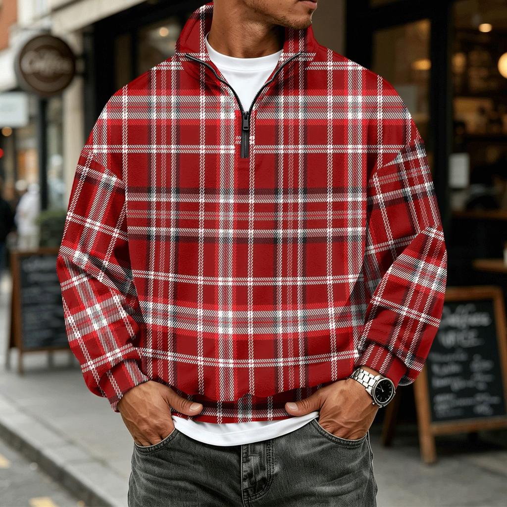 Heren Geruite Quarter-Zip Long Sleeve Flanellen Sweatshirt Casual