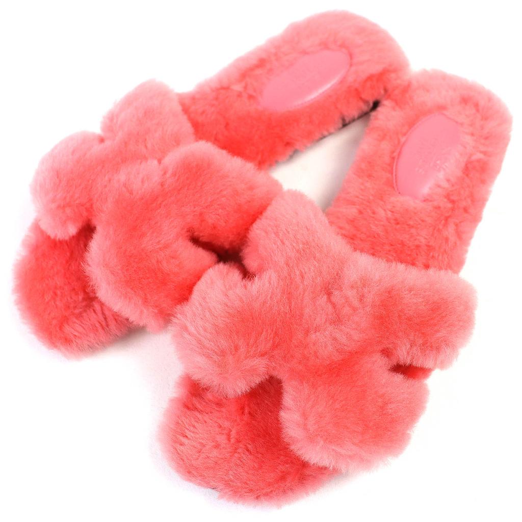 Great HERMES Mule Oran H Logo Fur Sandals Pink Sheepskin Leather 37 231288Z Used
