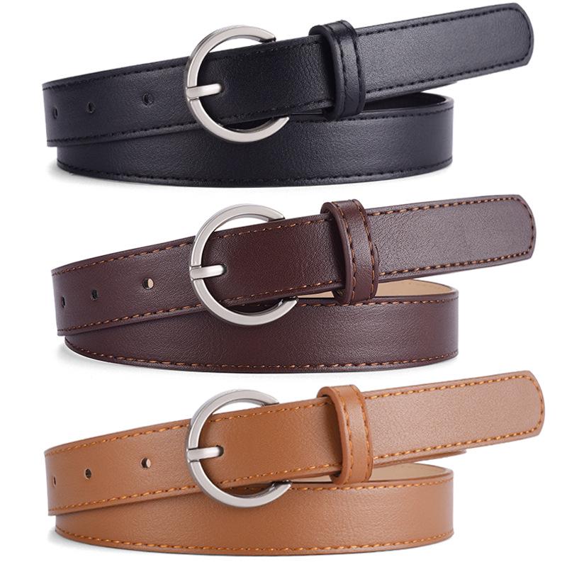 Luxury PU Leather Women's Round Buckle Thin Waist Belt - Solid Color for Jeans & Outerwear