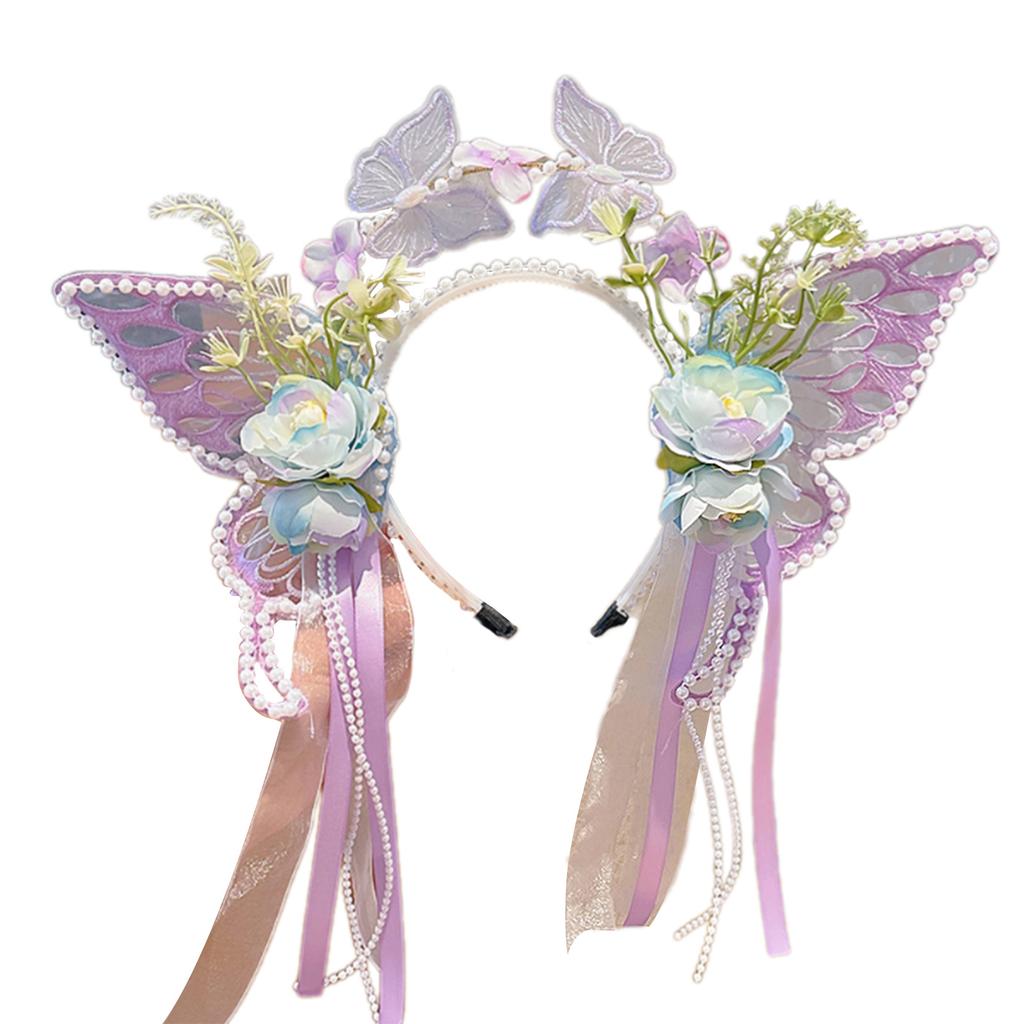 Princess Butterfly Ribbon Pearls Headband for Pageant Prom Headwear Elegant Hairband Girl Headpiece Photo Props