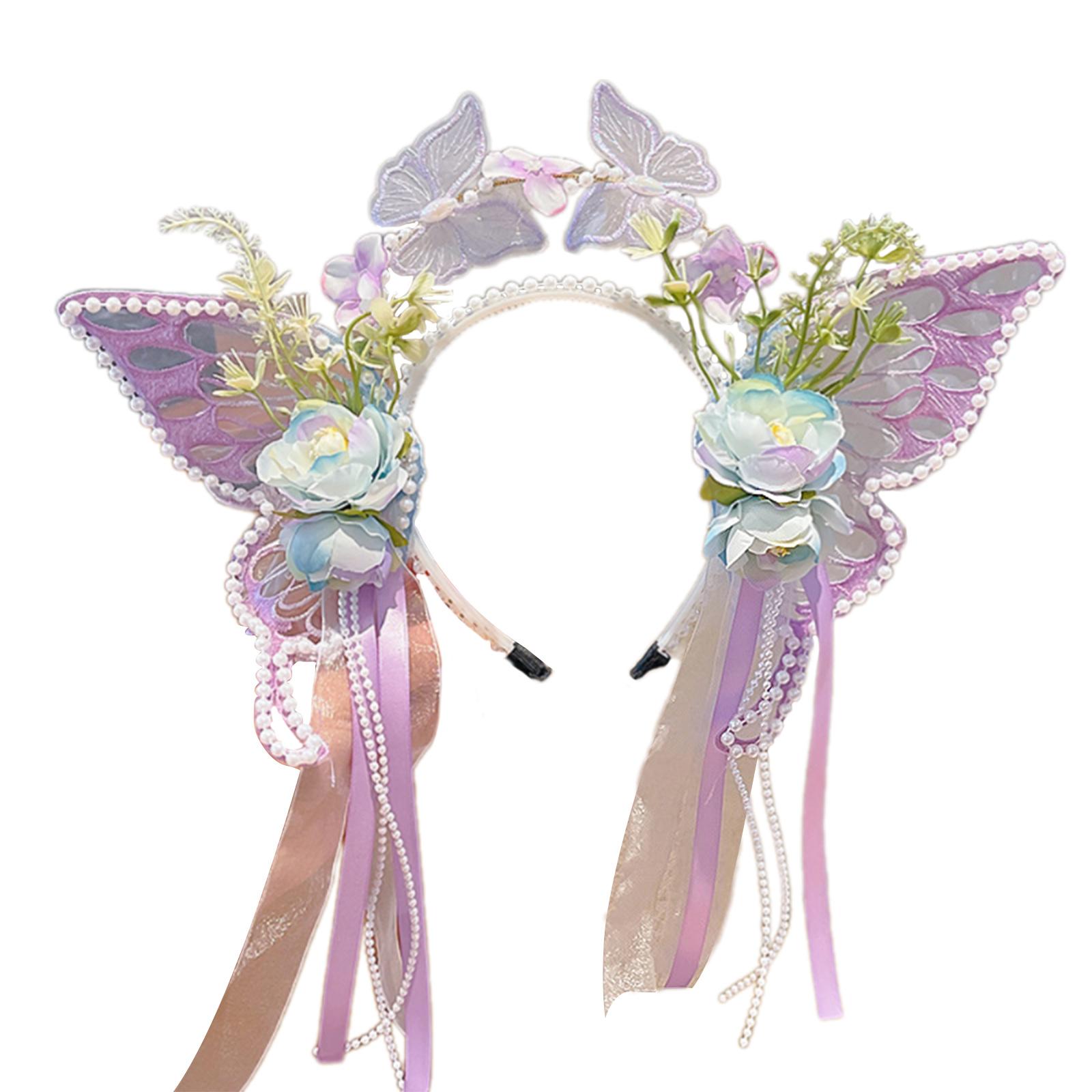 

Princess Butterfly Ribbon Pearls Headband for Pageant Prom Headwear Elegant Hairband Girl Headpiece Photo Props фиолетовый