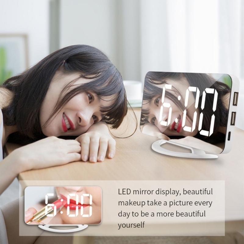 Digital Alarm Clock Large Display LED Mirror Electronic Clocks with Snooze Dual USB Ports 3 Adjustable Brightness Home