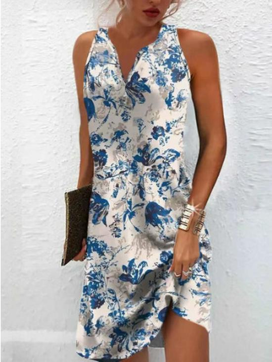 European and American Women's Floral Button A-line V-neck Sleeveless Dress, 2024 Fashion Trend.