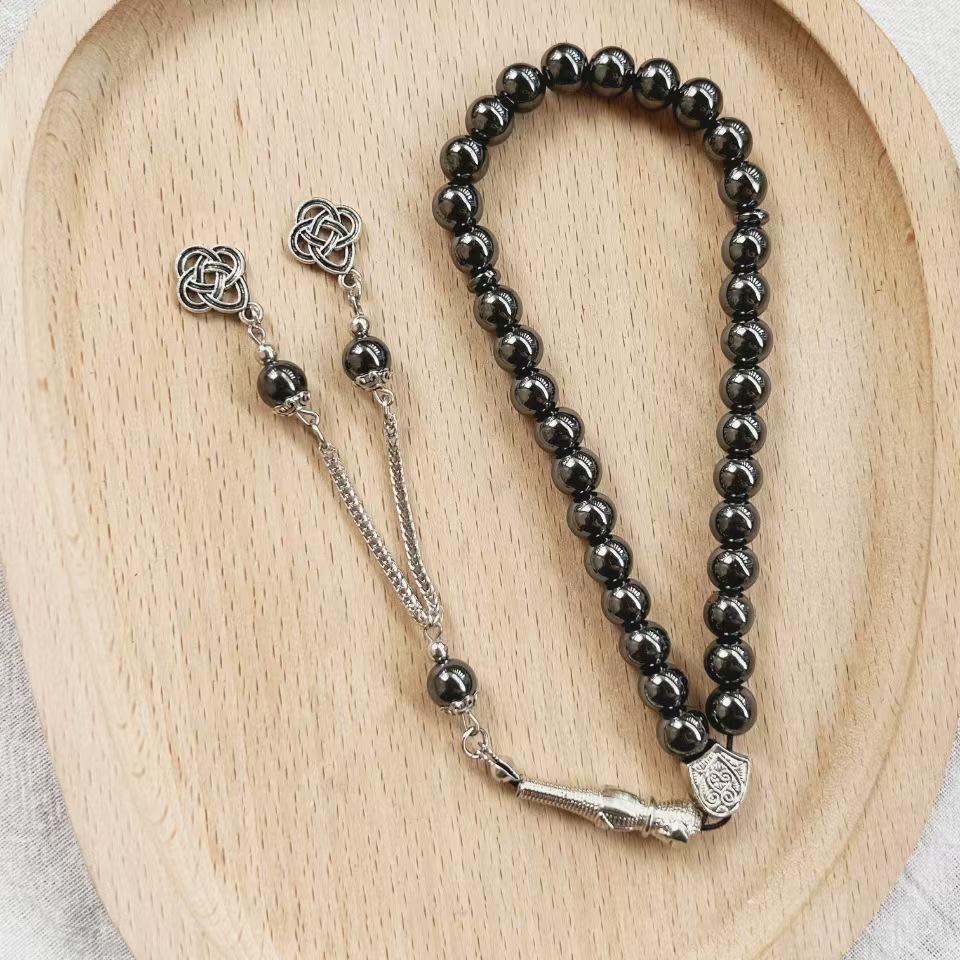 

33-Bead 8mm Black Agate Tasbih Arabic Bracelet – Turkish Style Counting Prayer Beads 33 Beads Black Agate