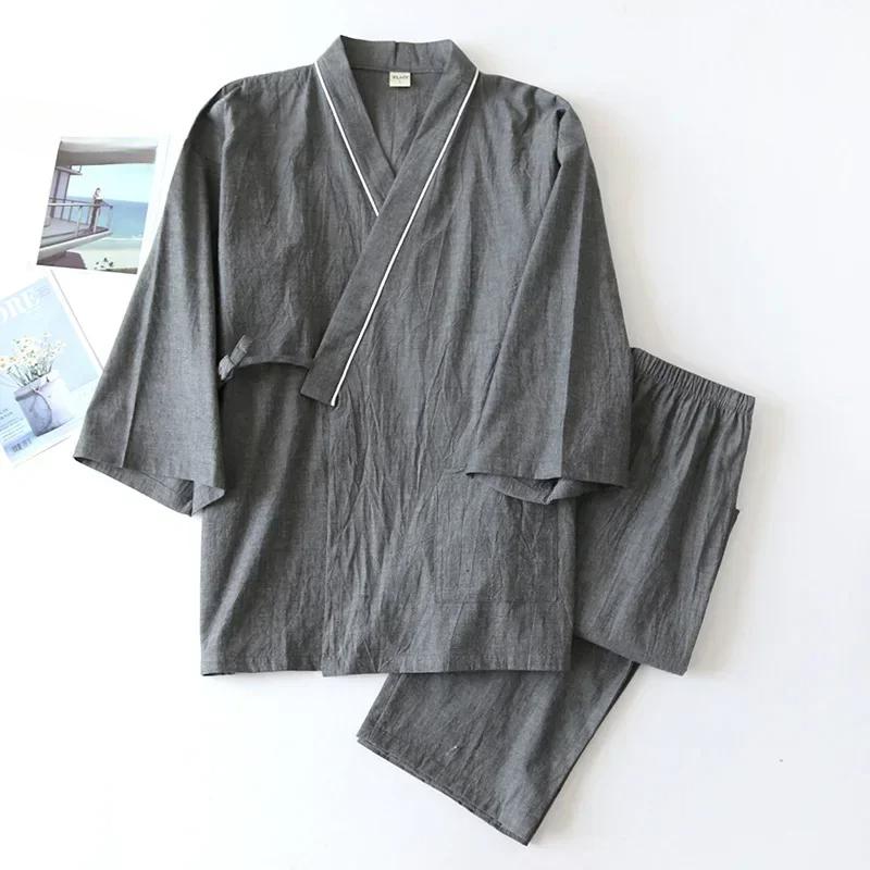 Spring/Autumn Kimono Mens Pajamas Men Sleepwear Male Thin Ninth Sleeve Lace-Up Top + Pants Loose Two-piece Homewear