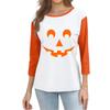 Women's Casual Three Quarter Sleeve Halloween Pumpkin Face Print Crew Neck Shirt Lightweight Comfortable Fit Top for Fall