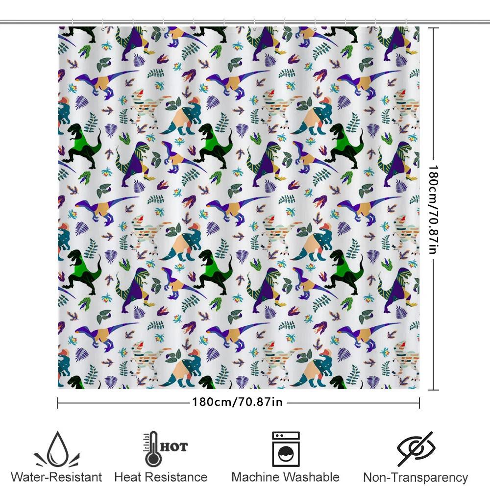 Vibrant Dinosaur Shower Curtain Multicolored T-Rex Pattern Bath Decoration For Kids Bathroom Waterproof Fabric Easy Hang Racks I