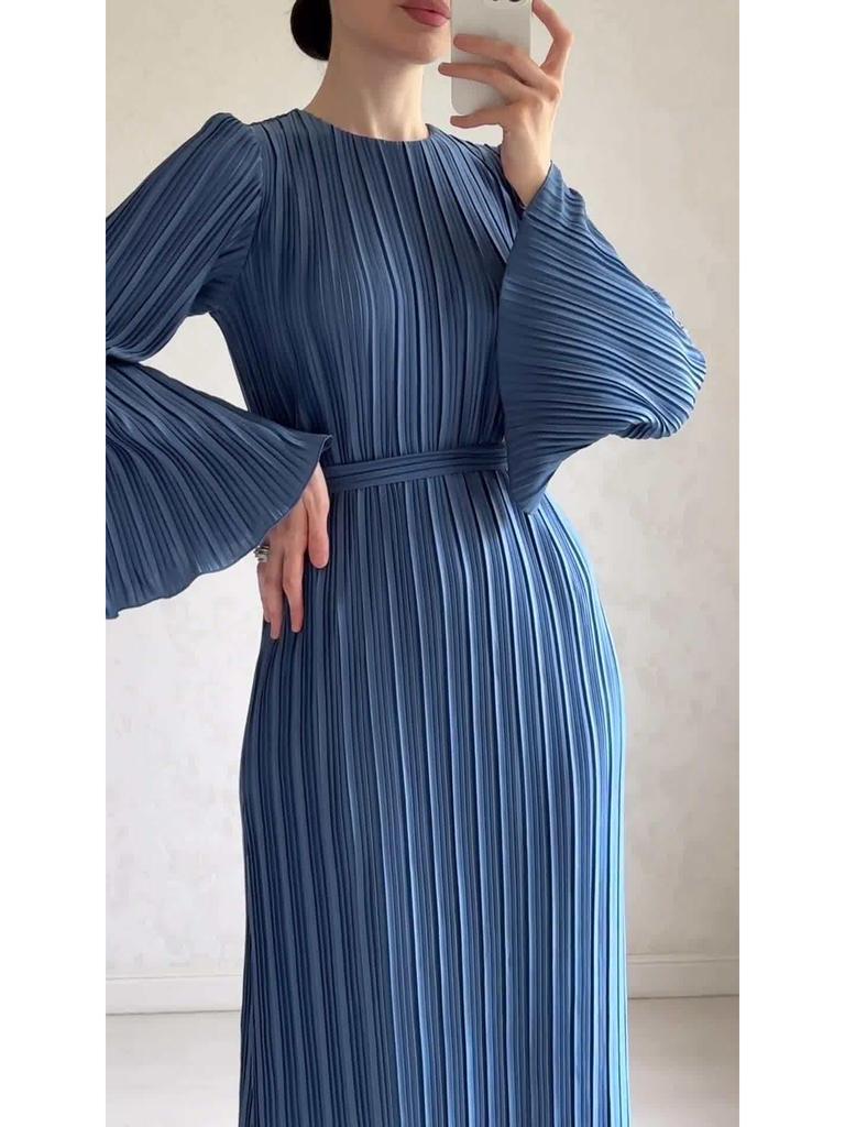 2024 Autumn Pleated Trumpet-Sleeve Midi Dress for Women