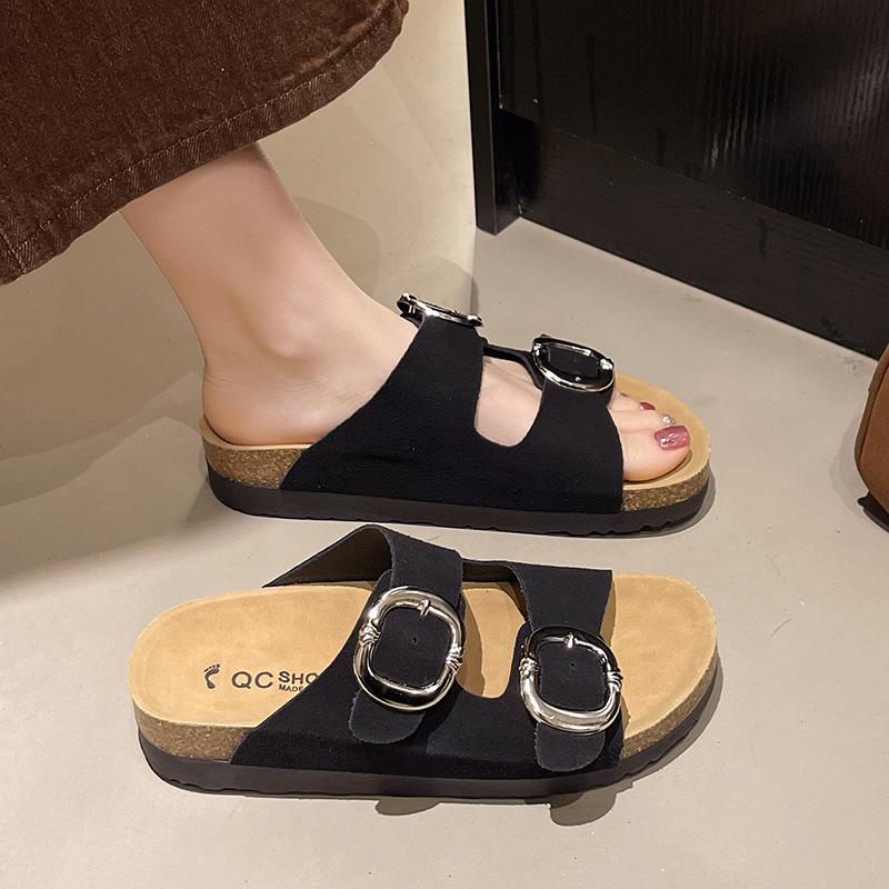Fashion Fashion Platform Flat Slippers Summer New Round Head Open Toe Metal Buckle Anti-slip Wear-resistant Beach Sandals