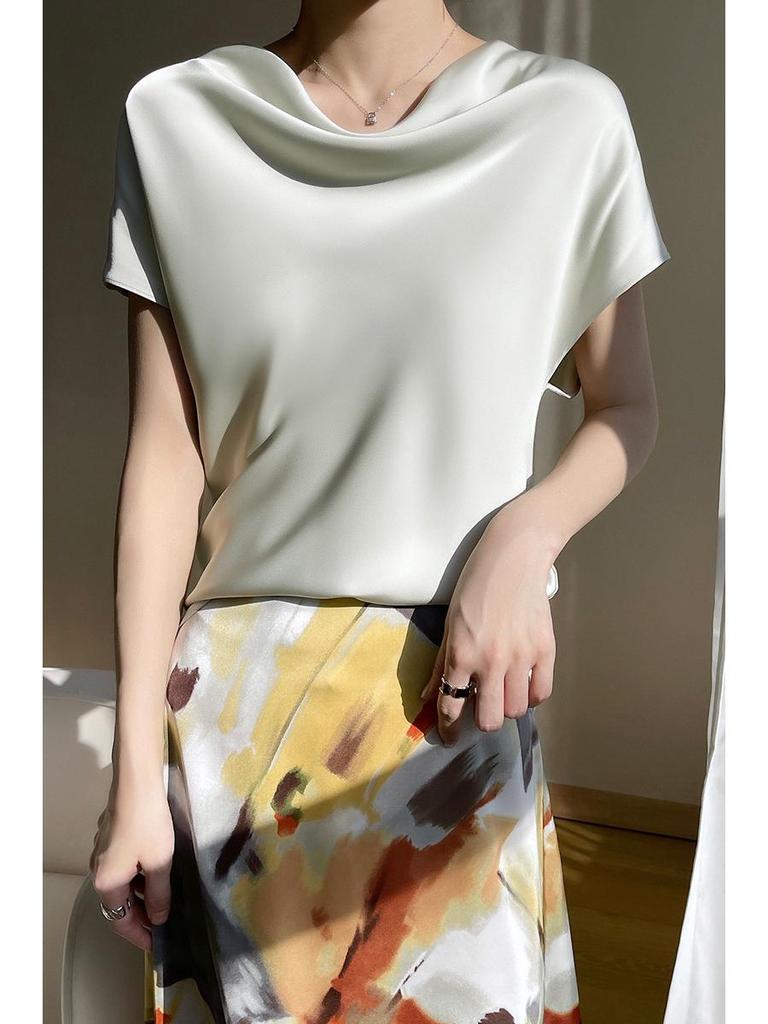 Women's High-End Short Sleeve Cowl Neck Satin Blouse