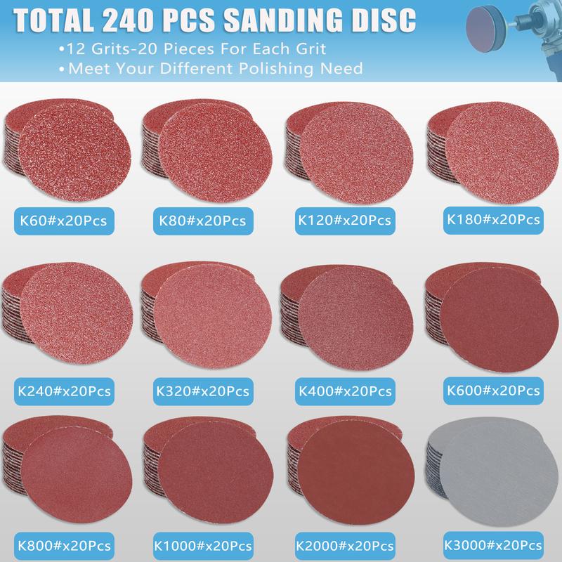 240Pcs 2 Inch Sanding Discs 60-3000 Grit Wet Dry Sandpaper, 50mm Hook & Loop Sand Pads with 1 Pcs 1/4” Shank and Backing Pad