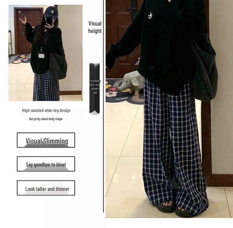 Plus Size Retro Blue Plaid High Waist Wide Leg Pants for Women - Autumn Winter Casual Loose Fit.