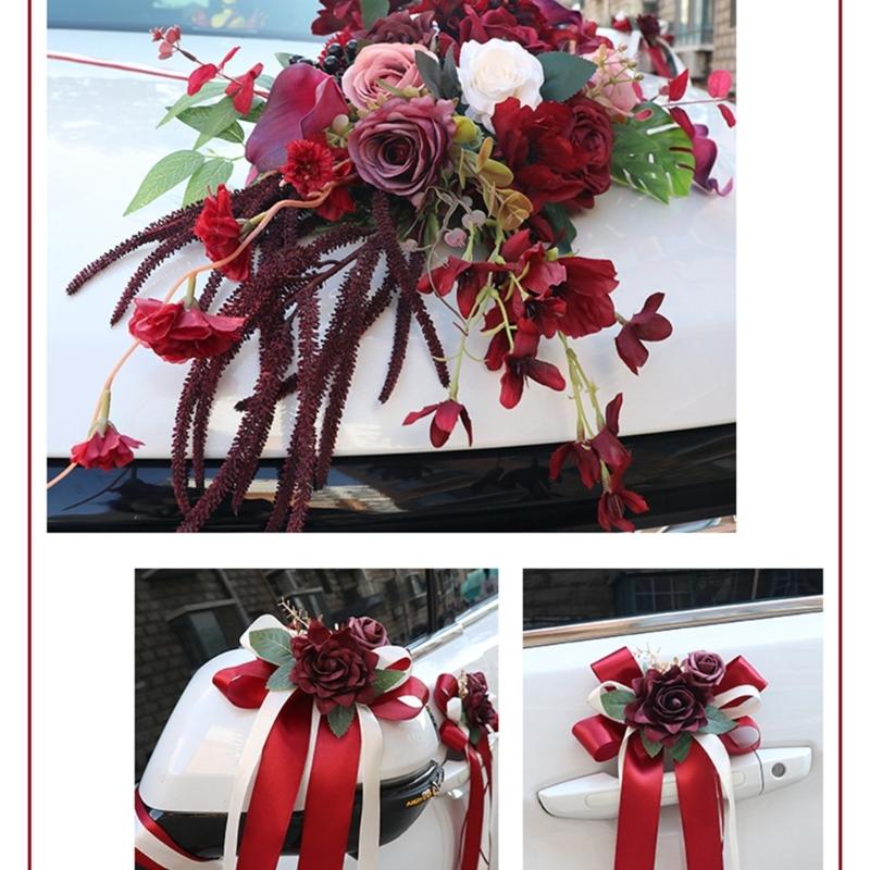 Wedding Car Decoration 7Pieces Set with Realistic Artificial Flower for Car Decors included Rearview Mirror and Doorknob