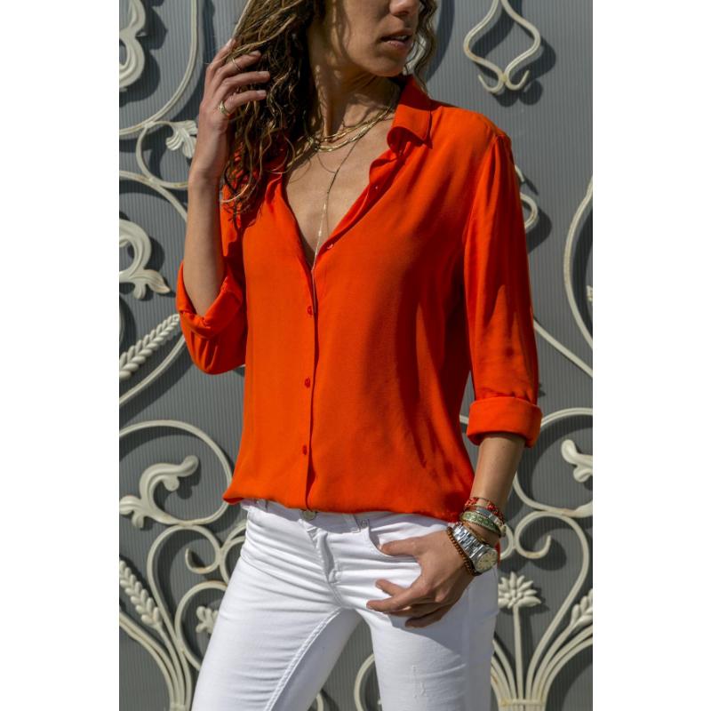 Women's Spring Autumn Chiffon Blouse Long Sleeve Deep V Neck Button Down Solid Color Casual Office Plus Size Shirt for Ladies